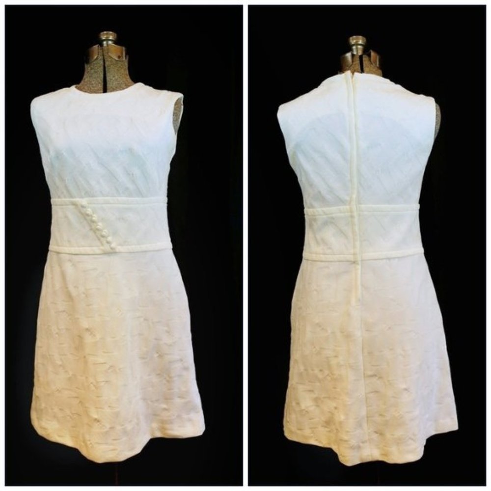 VTG 60's 70's Ivory Textured Poly Shift Dress XS